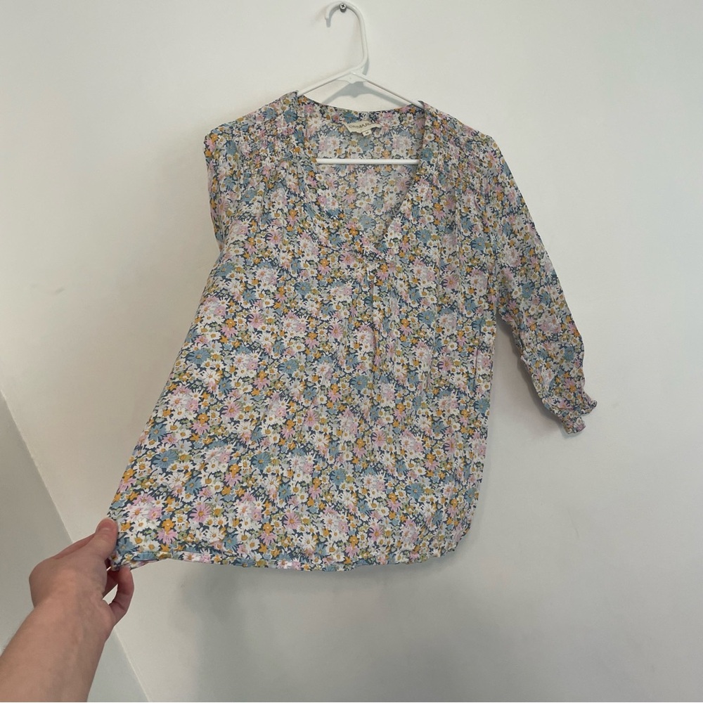 CYNTHIA ROWLEY Blue White Pink Multi Floral V-Neck 3/4 Sleeve Boho Summer Blouse - Picture 9 of 14